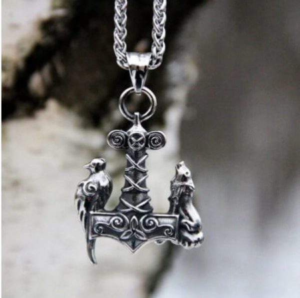Viking Hammer and Odin's Crow and Wolf Pendant Necklace