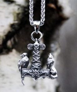 Viking Hammer and Odin's Crow and Wolf Pendant Necklace