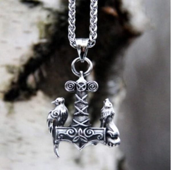 Viking Hammer and Odin's Crow and Wolf Pendant Necklace