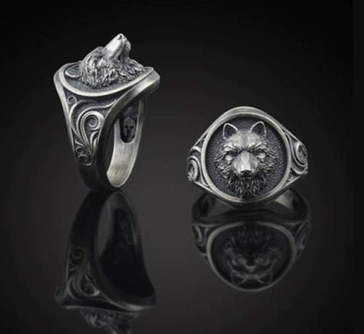 vintage viking warrior wolf head rings