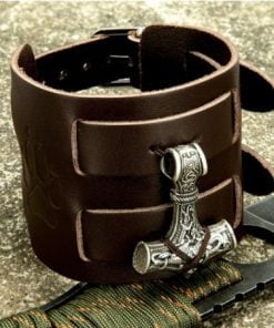 Viking Thor Hammer leather, large wide bracelet for men