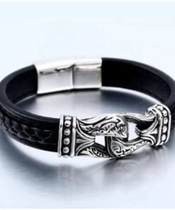 Thor's Hammer Link Viking Leather Clasp Men Bracelet