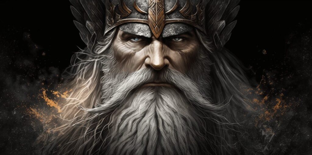  Odin, the All-Father of Norse mythology, is depicted with one eye and a raven perched on his shoulder.