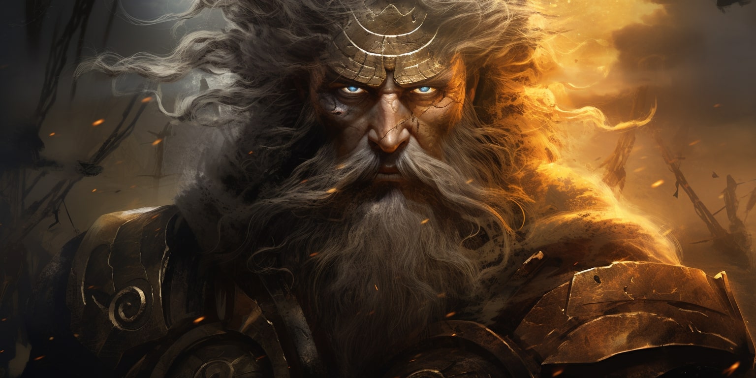 Portrait of Tyr, the norse god of war with a warrior