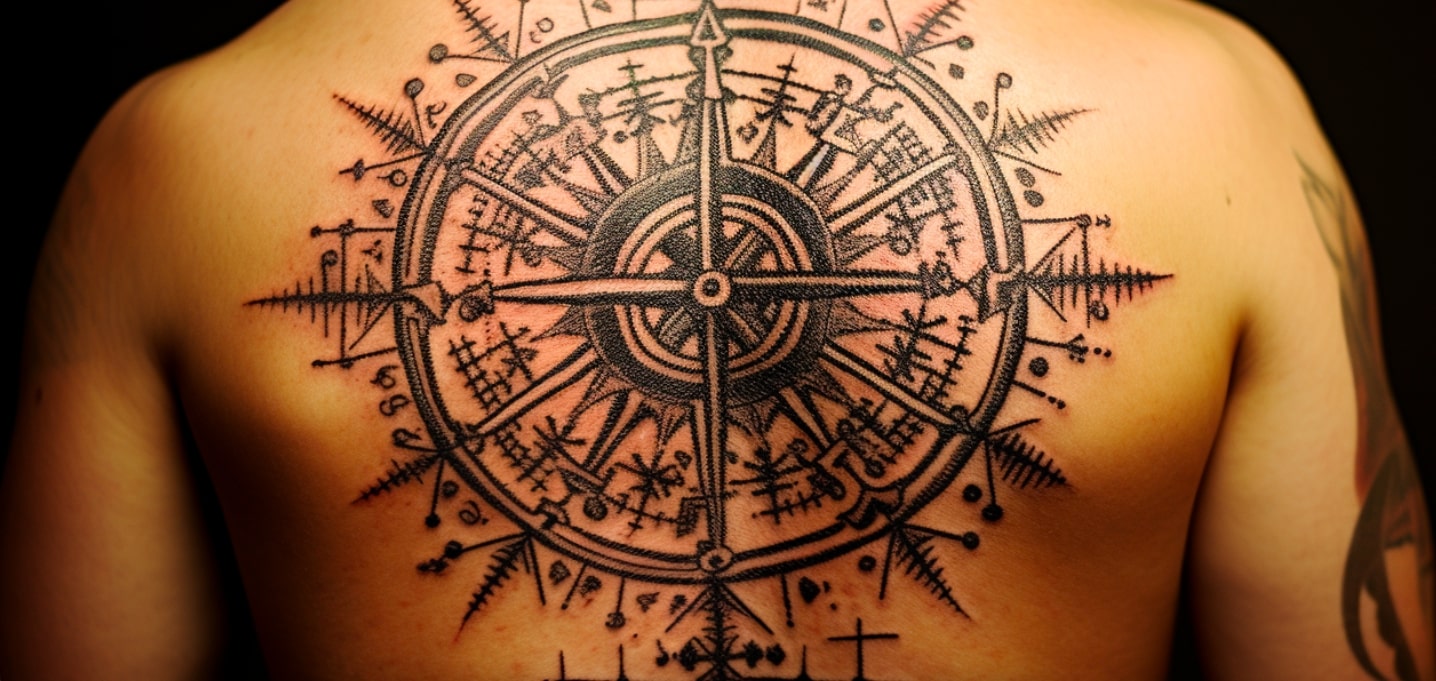 Adiyogi Tattoos - Arrow of time, waning crescent moon (before new moon)  under the sun, sun rays extend to astrological signs, moral compass (viking  compass), center of sun, cosmic cube.. Tattoo by